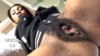 Ebony ultra-cutie gets her hairy pussy slurped and nutted in a female domination douche scene